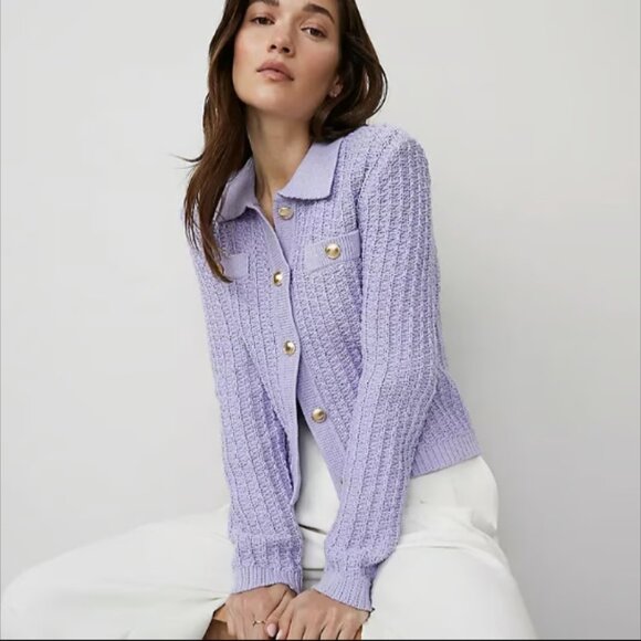 ANN TAYLOR LILAC BUD STITCHED COLLARED BUTTON SWEATER JACKET GOLD BUTTON $149 L - Picture 2 of 8